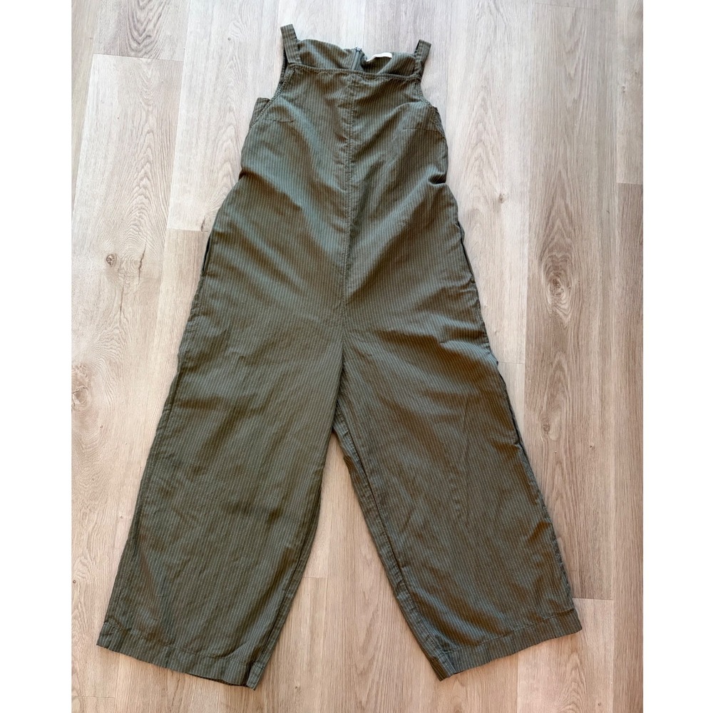 Uniqlo Olive Green Pinstripe Wide Leg Linen Jumpsuit M Pockets Granola Girl